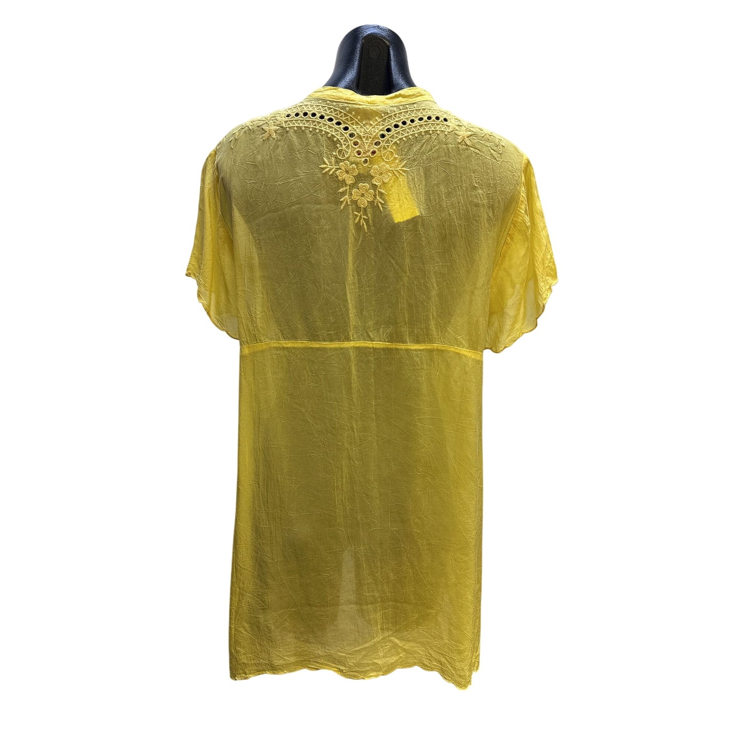 Johnny Was Yellow Embroidered Sheer Tunic Blouse w/Floral Details Size L