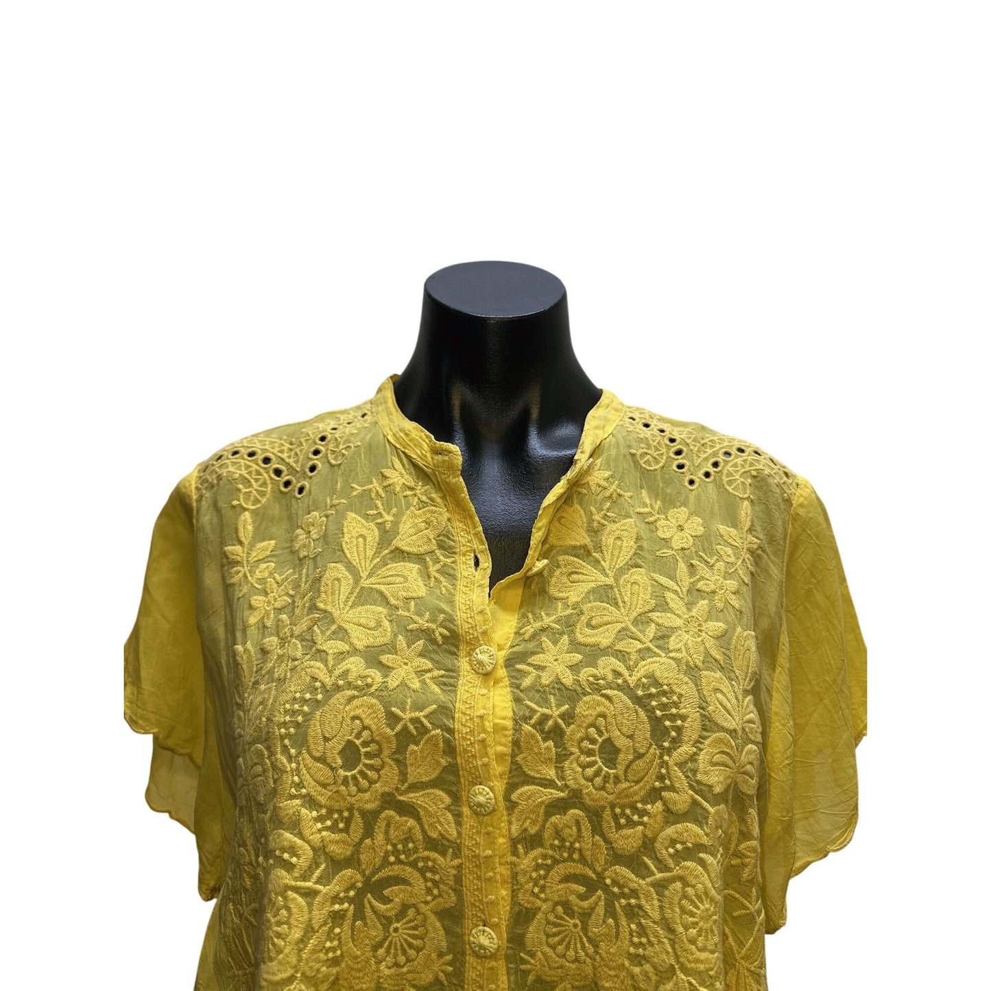 Johnny Was Yellow Embroidered Sheer Tunic Blouse w/Floral Details Size L