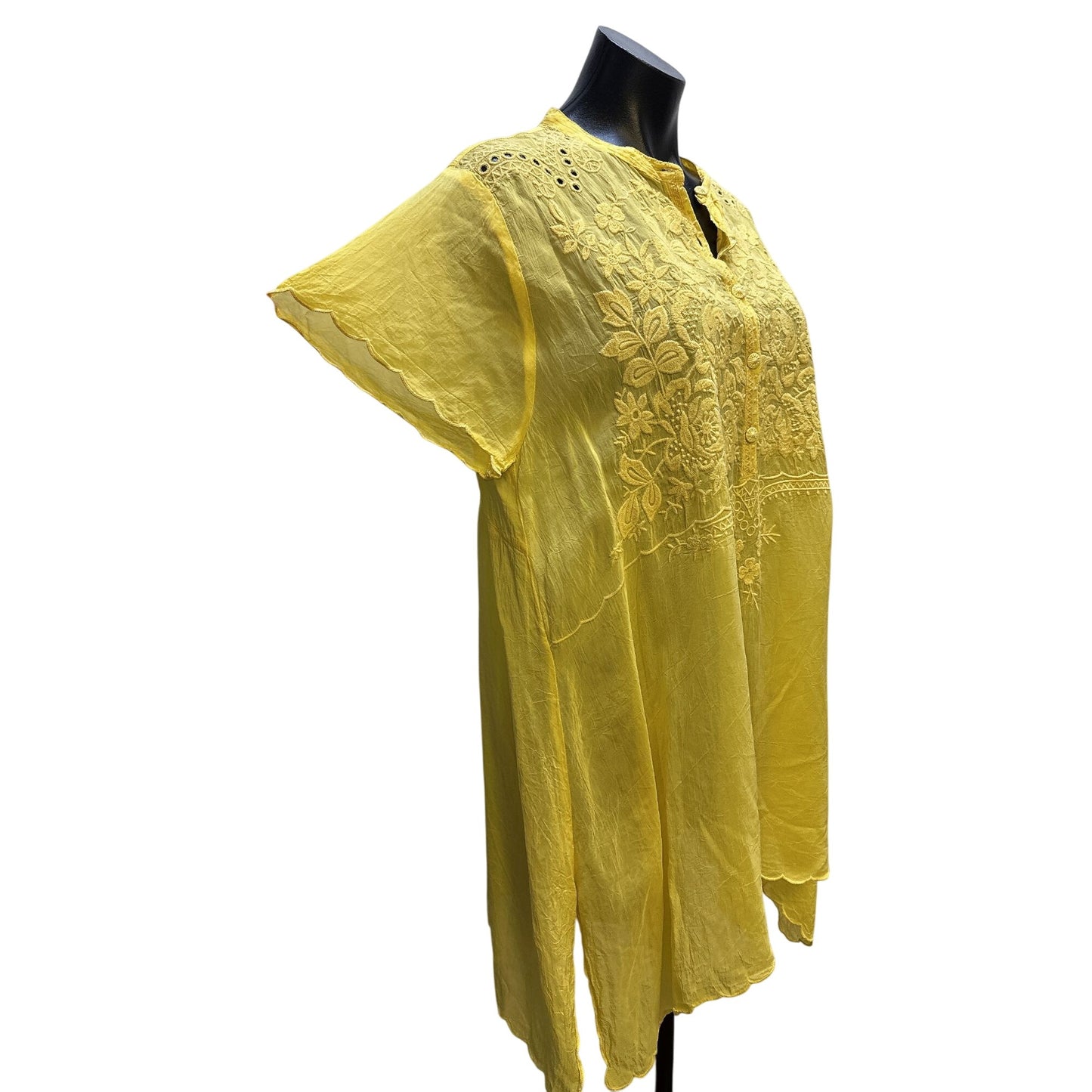Johnny Was Yellow Embroidered Sheer Tunic Blouse w/Floral Details Size L