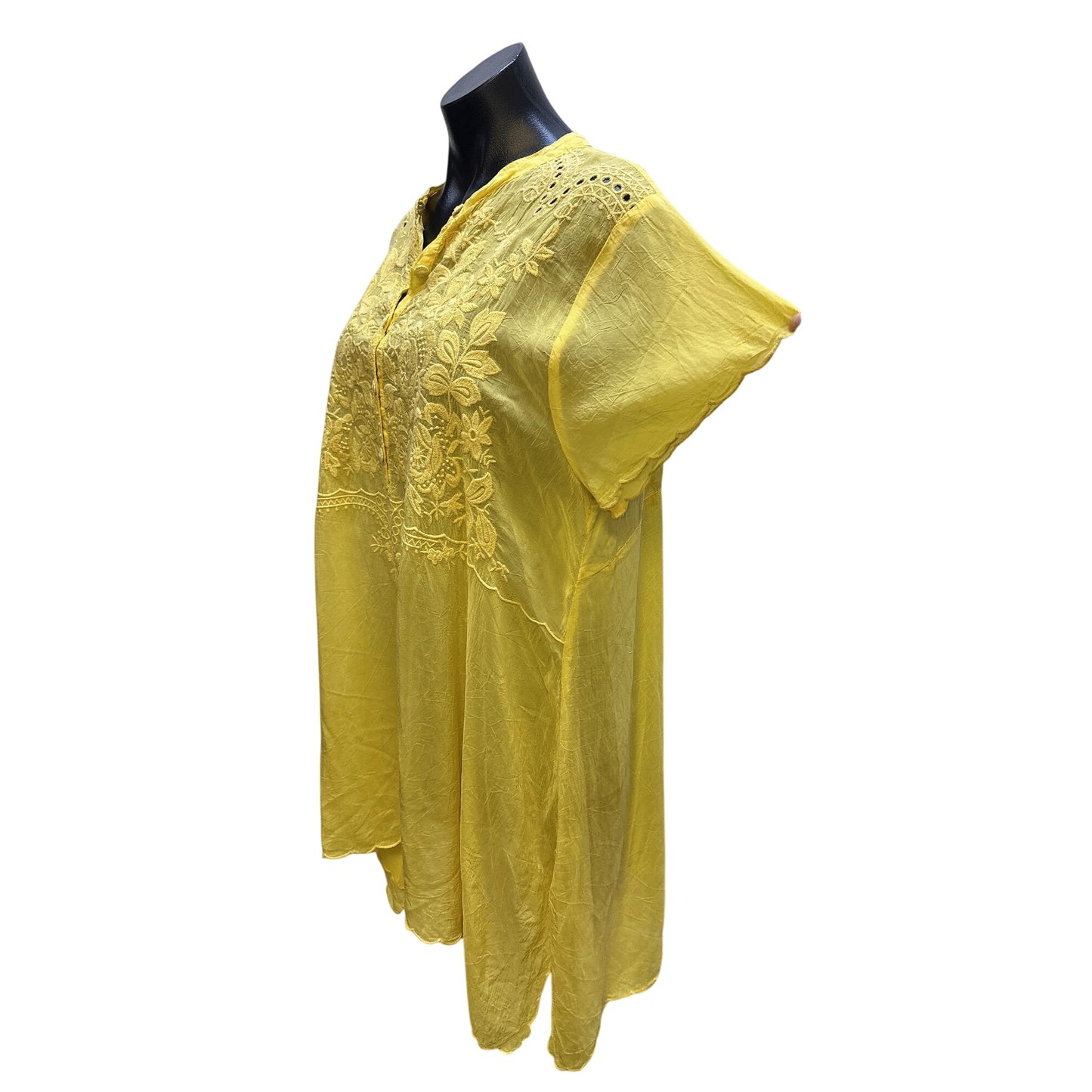 Johnny Was Yellow Embroidered Sheer Tunic Blouse w/Floral Details Size L