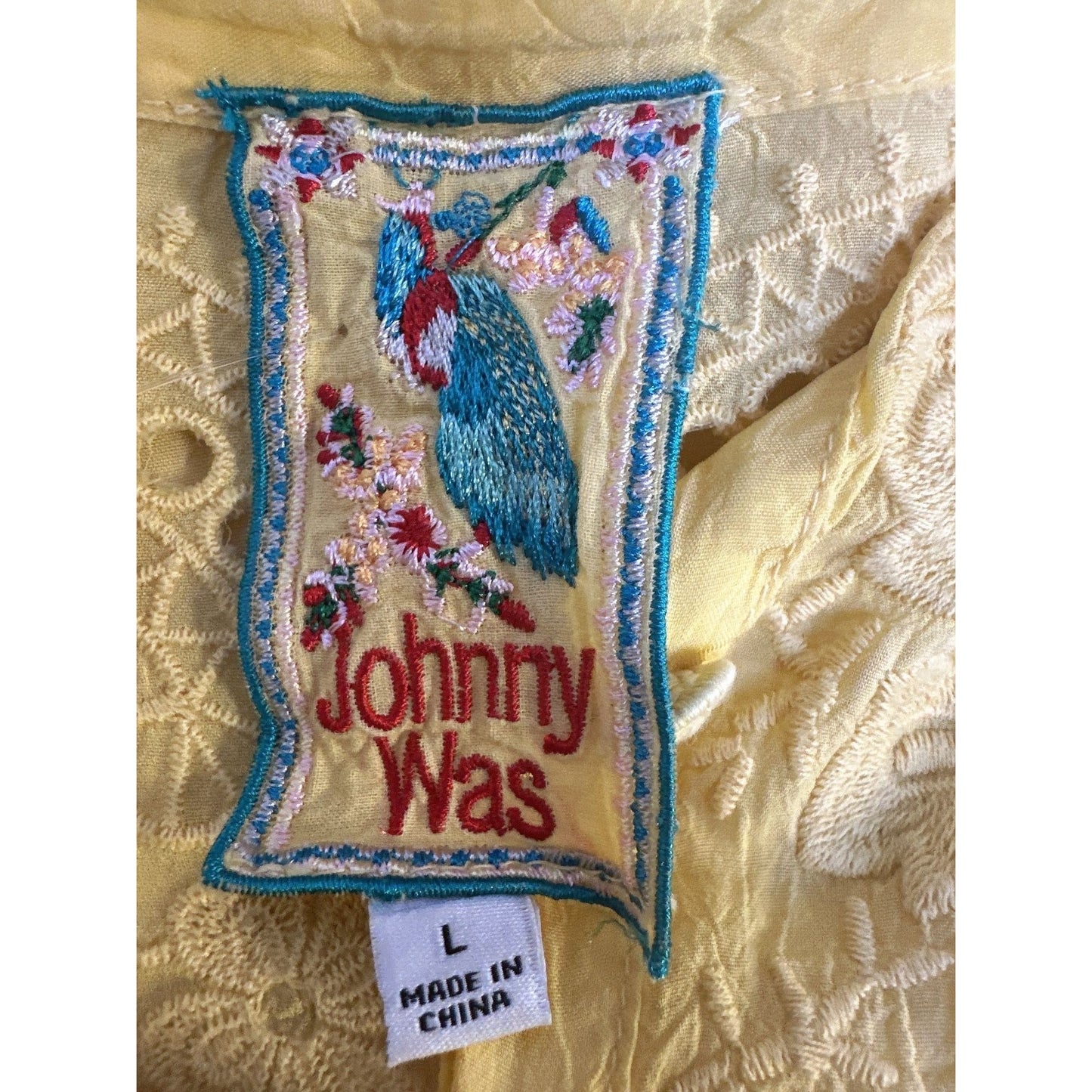 Johnny Was Yellow Embroidered Sheer Tunic Blouse w/Floral Details Size L