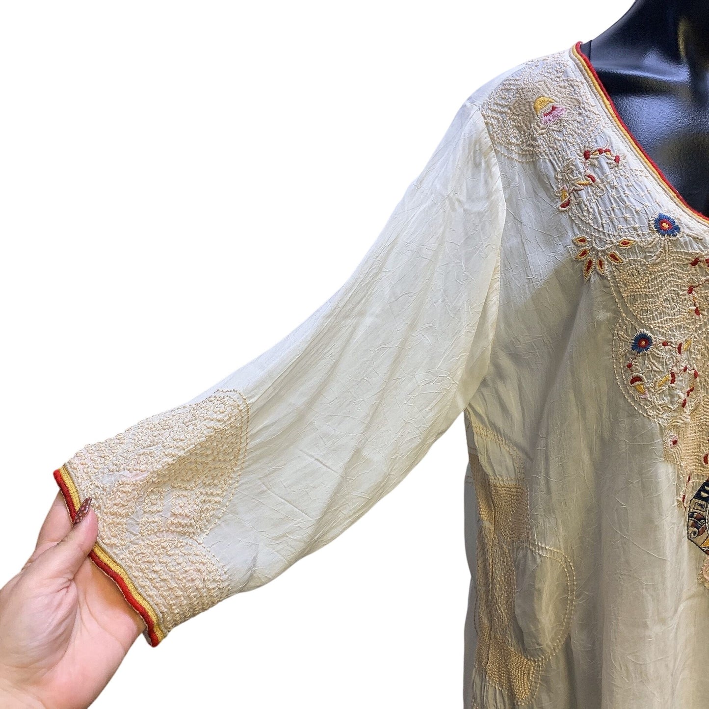 Johnny Was Boho Embroidered Tunic Beige Blouse Size XL