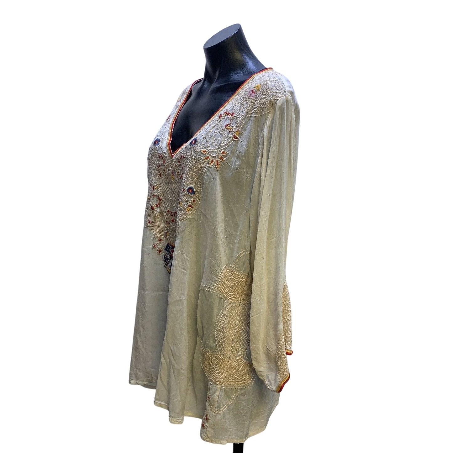 Johnny Was Boho Embroidered Tunic Beige Blouse Size XL