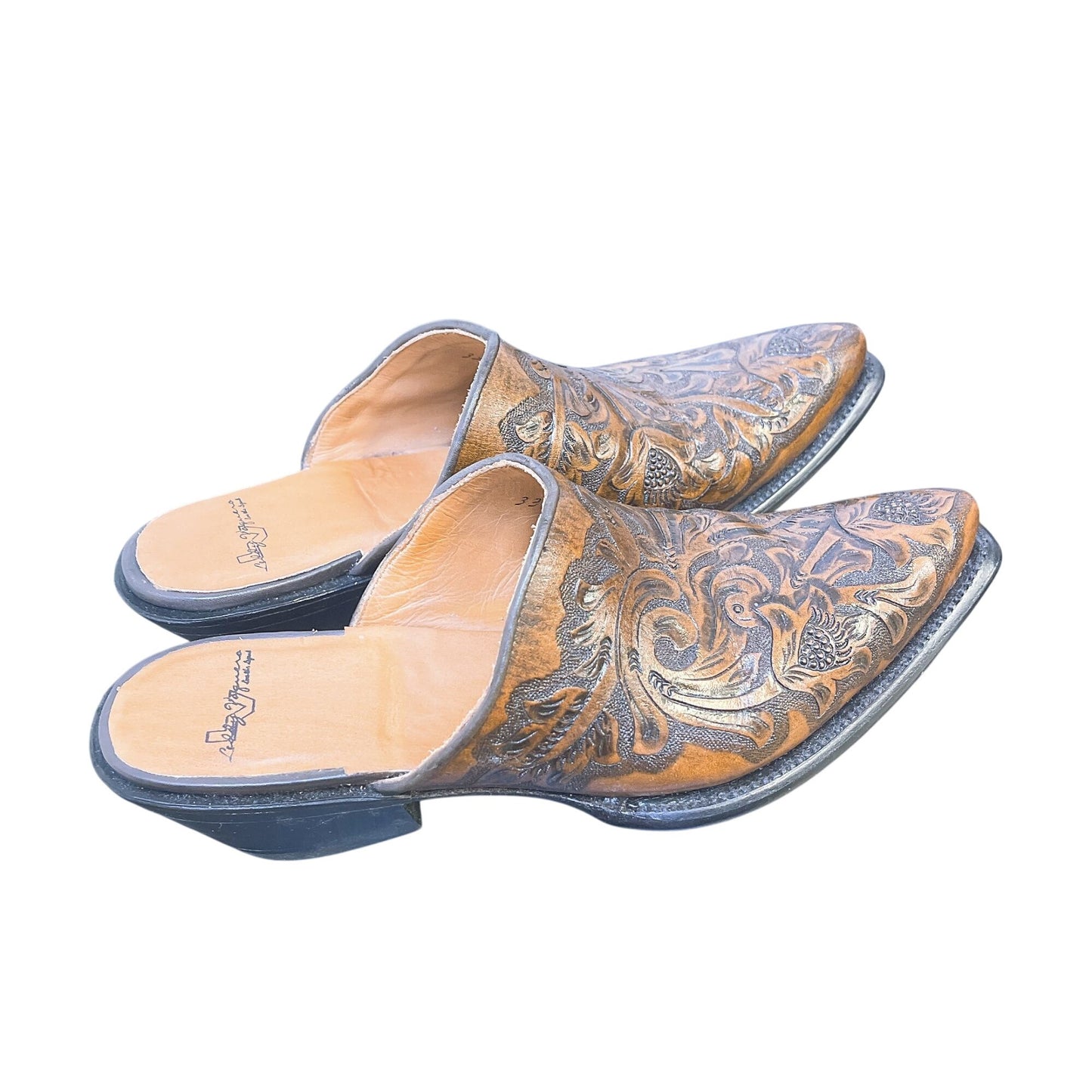 Laddy Vaquero Western Mule Clogs Women Size 8 Embossed Leather Slip-On Heels