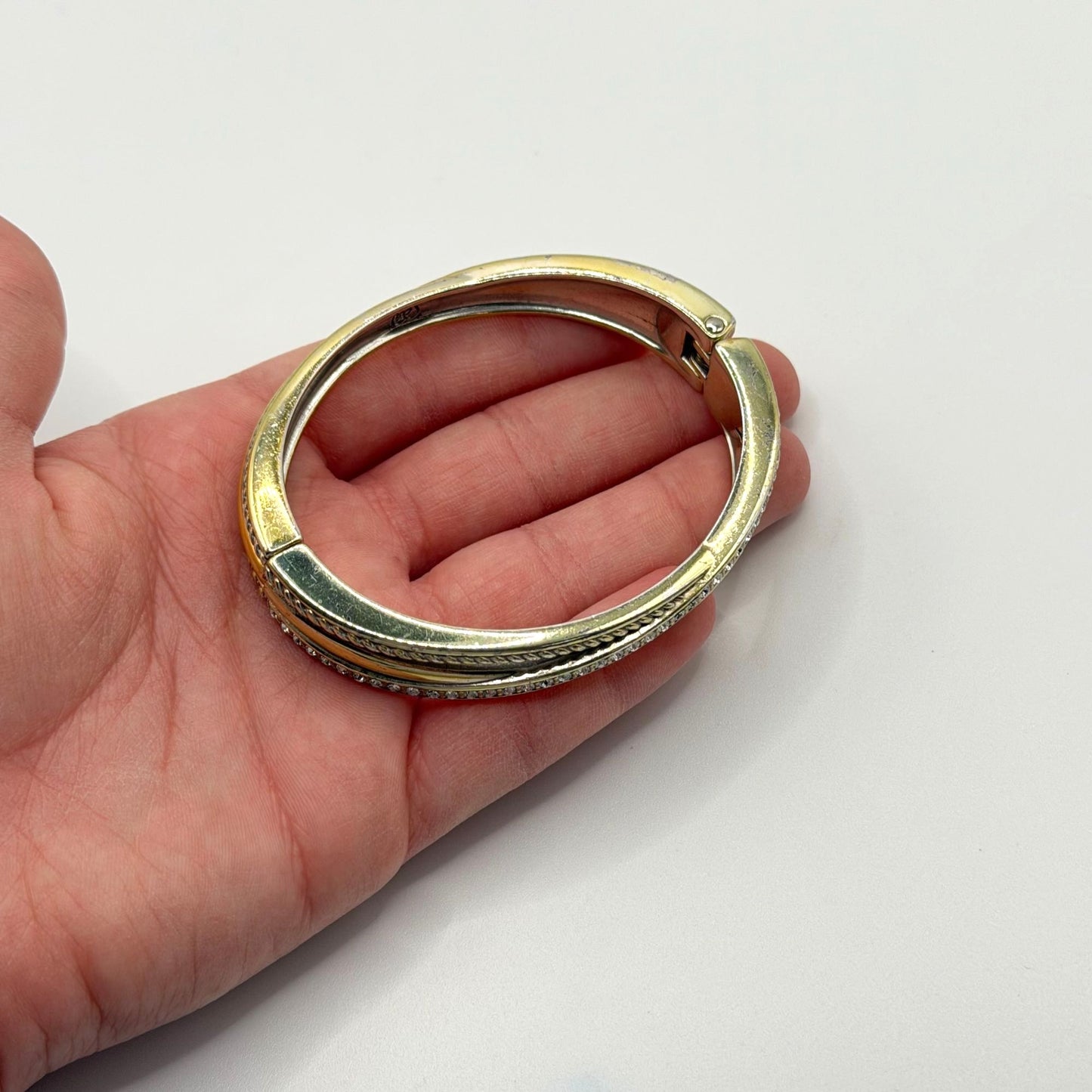 Brighton Silver Tone & Gold Tone Hinged Bangle Bracelet With Crystal Accents