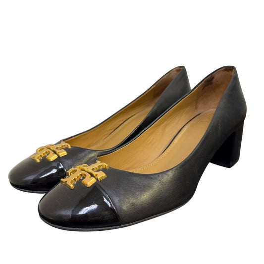 Tory Burch Black Leather Heels With Gold Logo Cap Toe Size 8.5