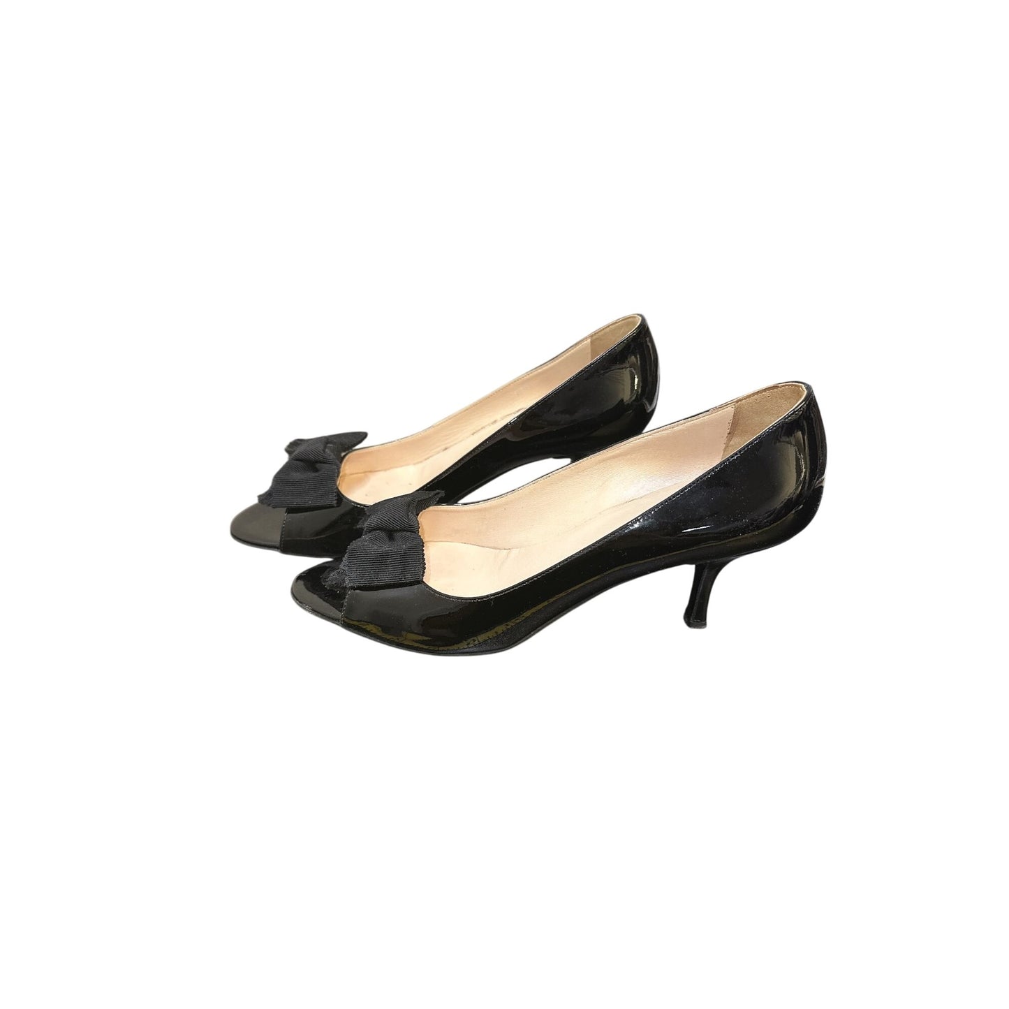 Prada Black Patent Leather Peep Toe Heels w/Bow Accent Size 7