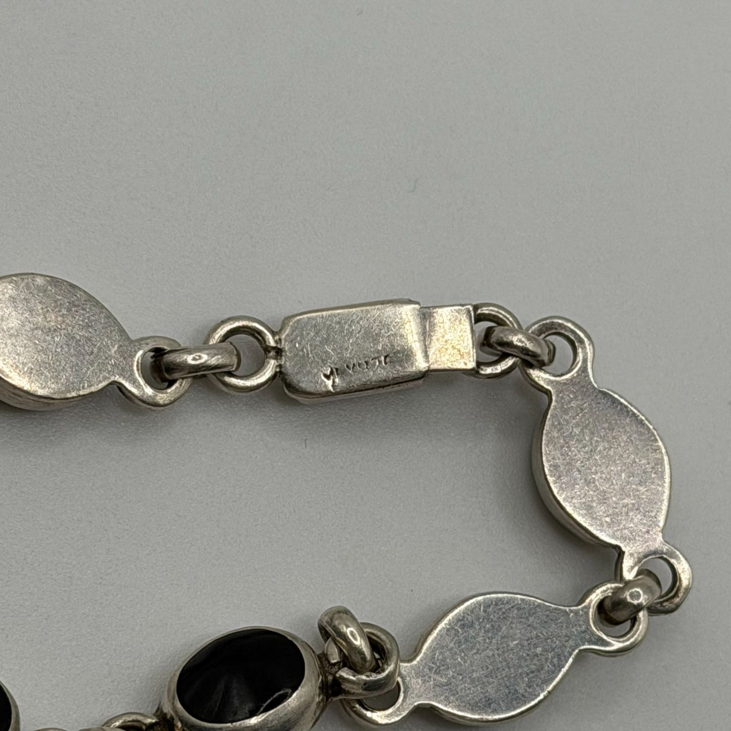 Vintage 925 Sterling Silver Black Onyx Oval Link Bracelet 7" Artisan Crafted