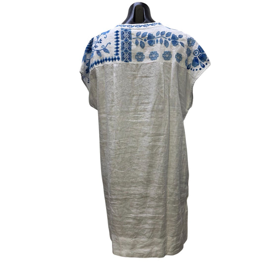 Johnny Was Linen Dress White & Blue Floral Embroidered Button-Front XL
