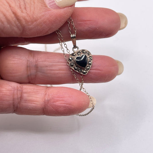 Sterling Silver 925 Heart Necklace With Black Onyx & Marcasite Pendant