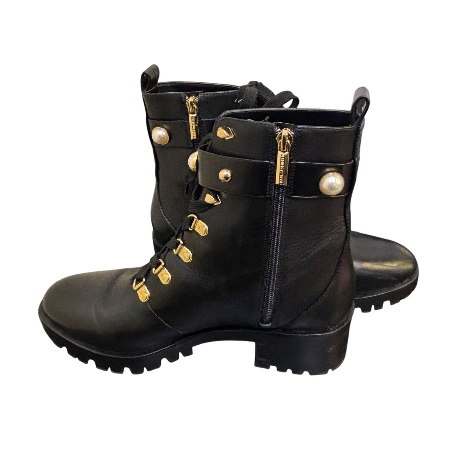 Karl Lagerfeld New Black Ankle Boots With Pearl & Gold Detail Size 9
