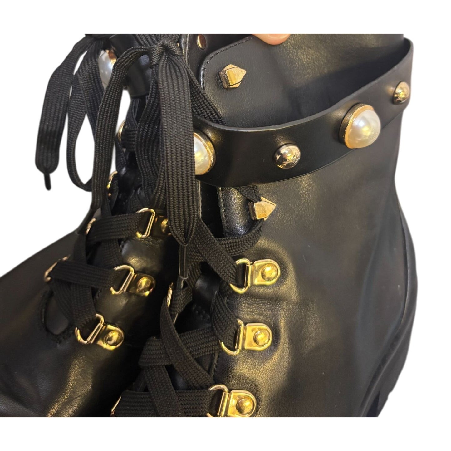 Karl Lagerfeld New Black Ankle Boots With Pearl & Gold Detail Size 9