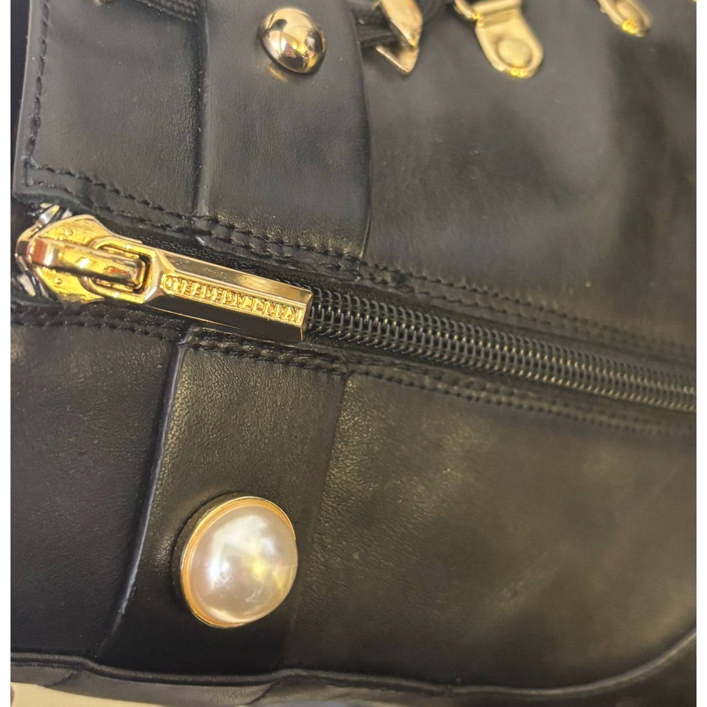 Karl Lagerfeld New Black Ankle Boots With Pearl & Gold Detail Size 9
