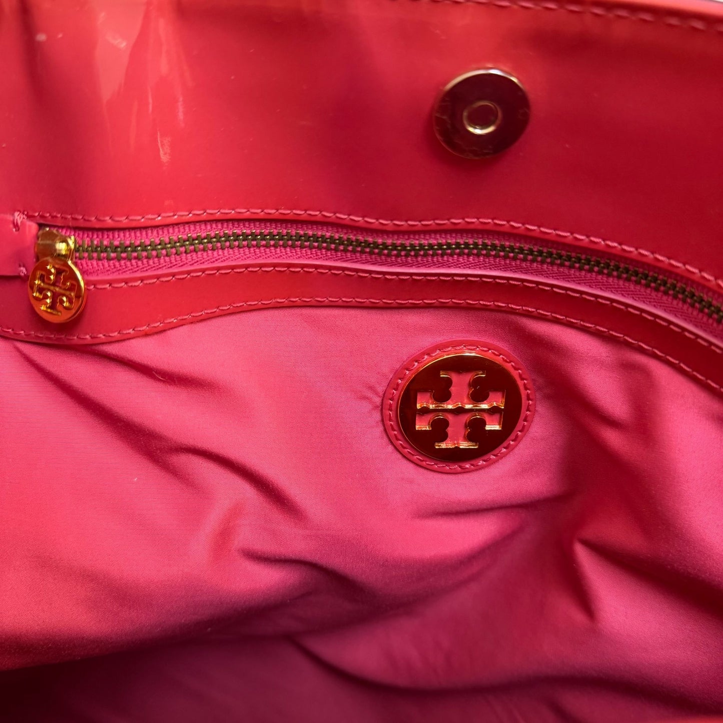 Tory Burch Perforated Patent Leather Orange Tote Signature Logo Bag