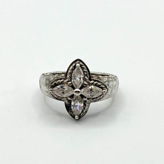 925 Silver Marquise - CZ Intricate Floral Design Hammered Band Ring 5.5