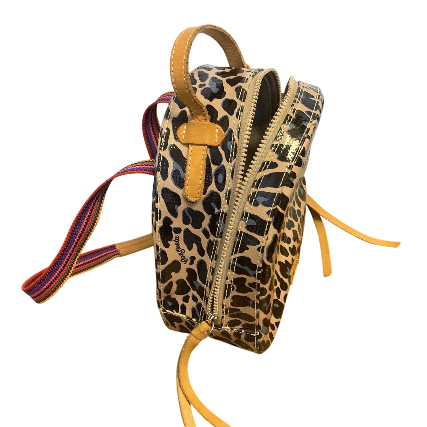 Consuela Leopard Print Mini Backpack With Multicolor Striped Straps