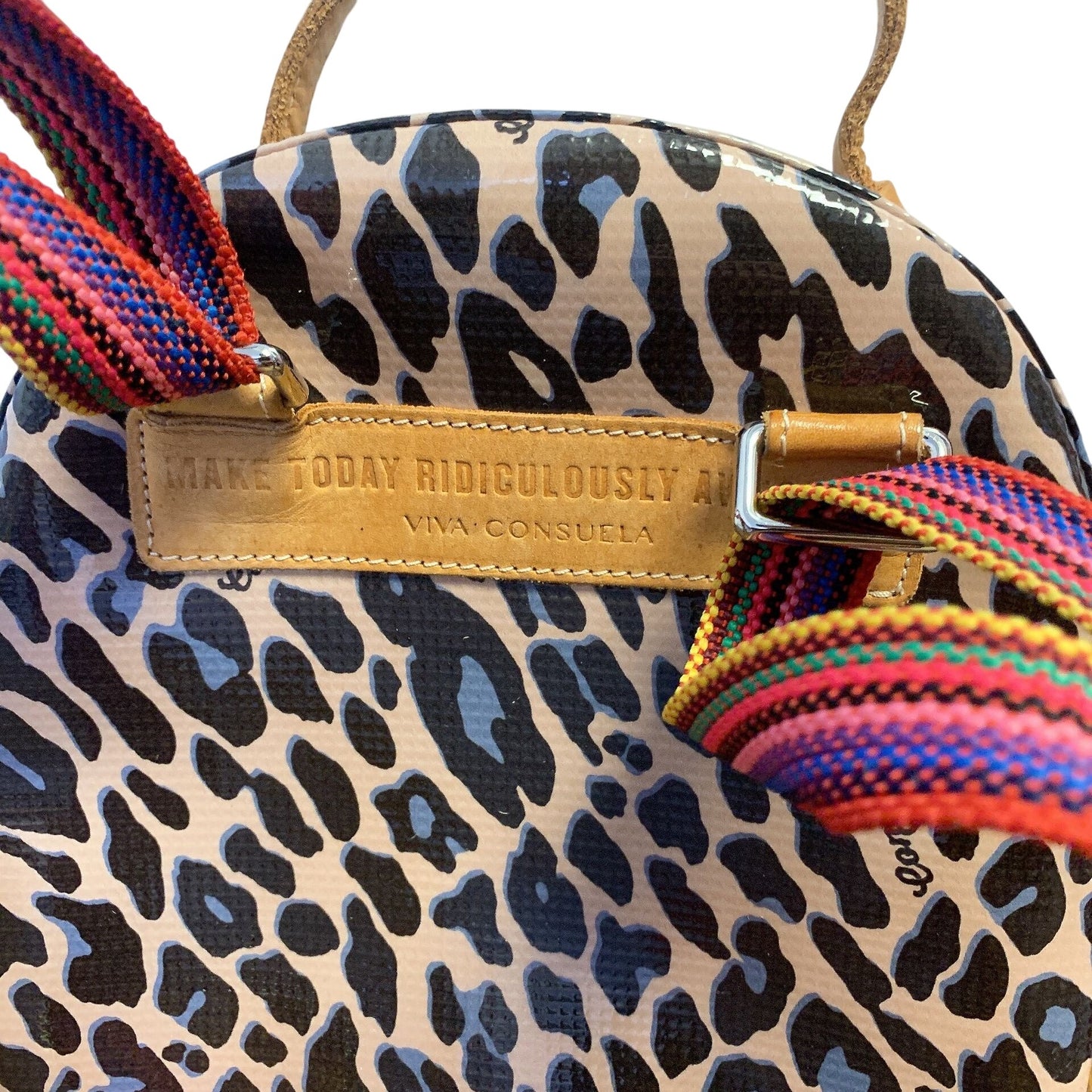 Consuela Leopard Print Mini Backpack With Multicolor Striped Straps