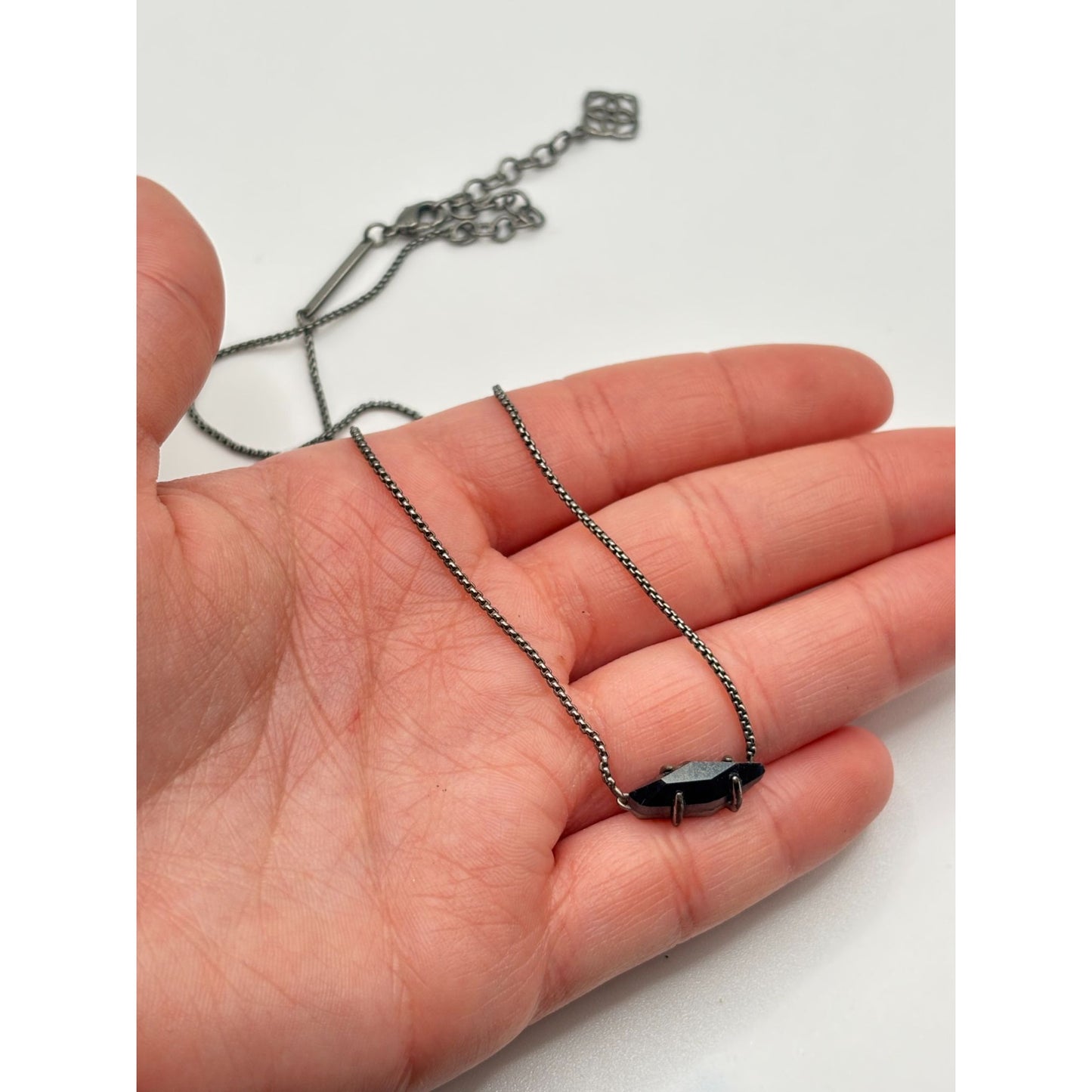 Kendra Scott Gunmetal Chain Necklace With Black Iridescent Stone Pendant