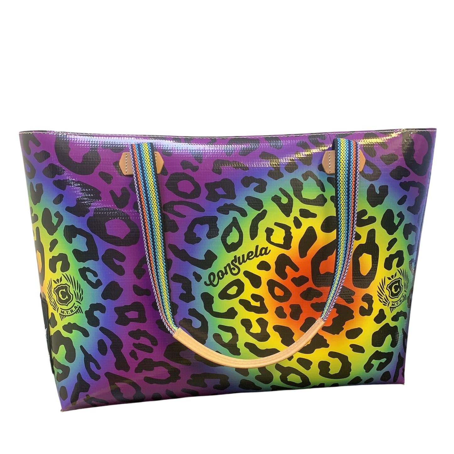 Consuela Fiesta Leopard Print & Black Tote Bag With Rainbow Straps