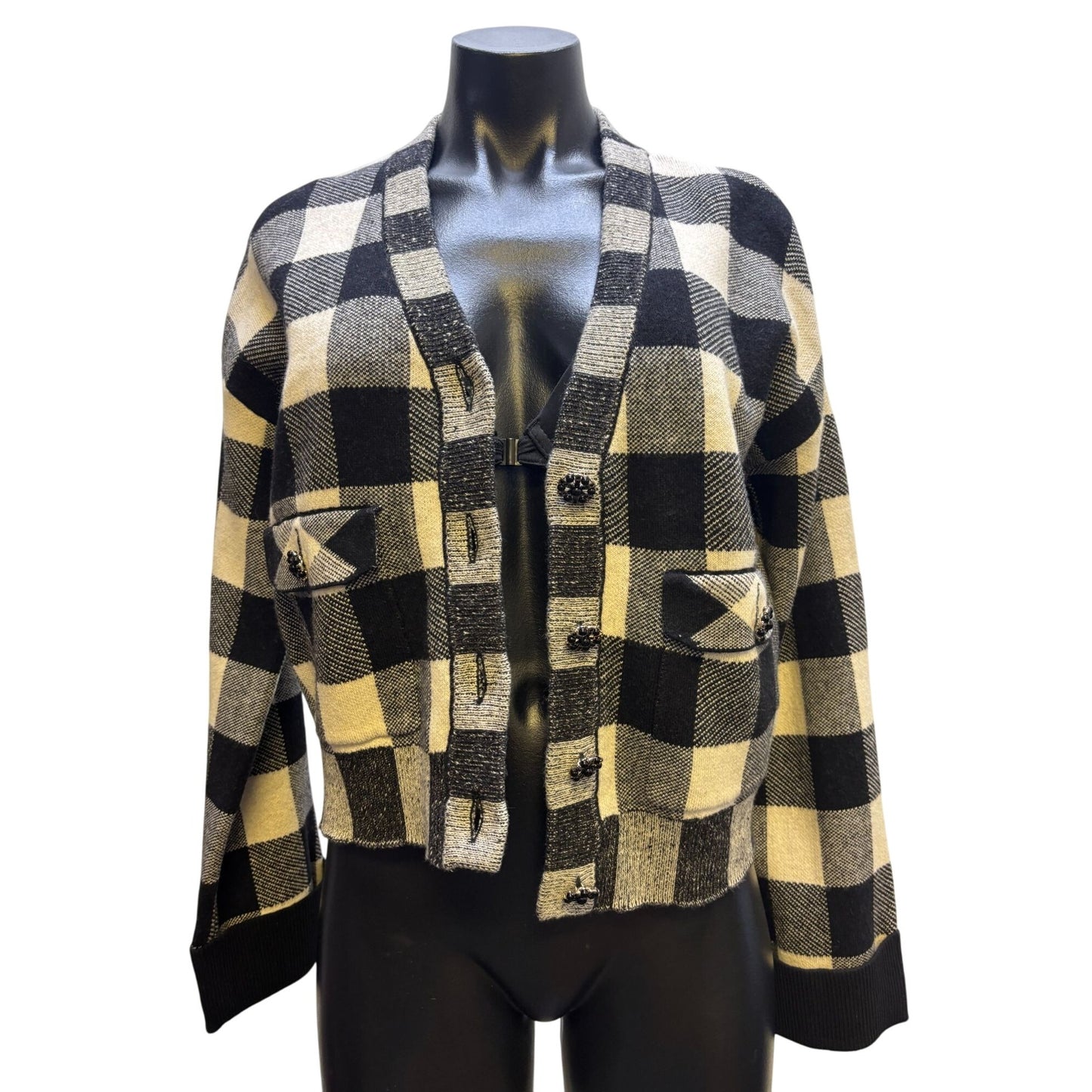 NWT Industry  Plaid Cardigan Black Beige Wool Blend S