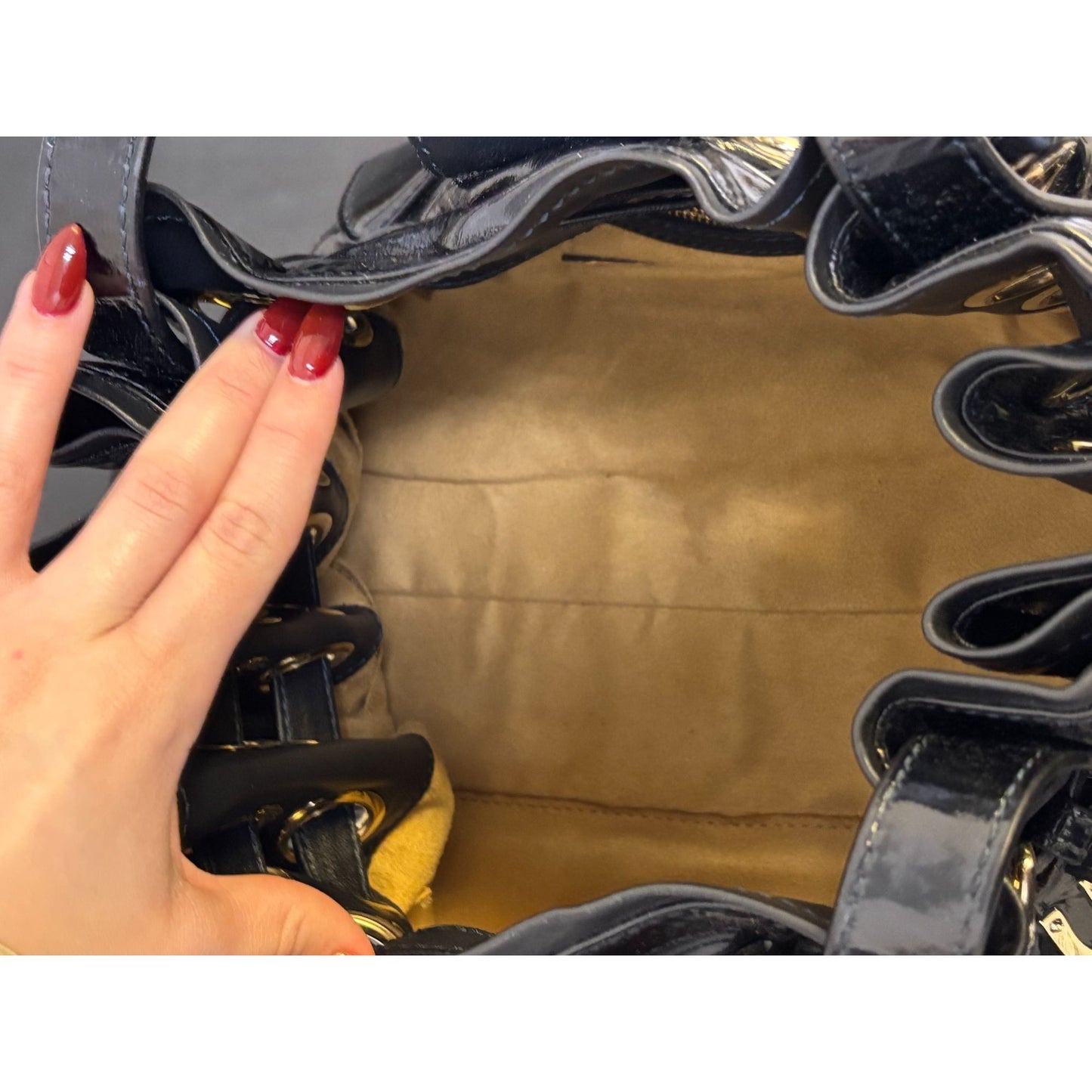 Jimmy Choo Black Patent Leather Bucket Bag With Gold Accents