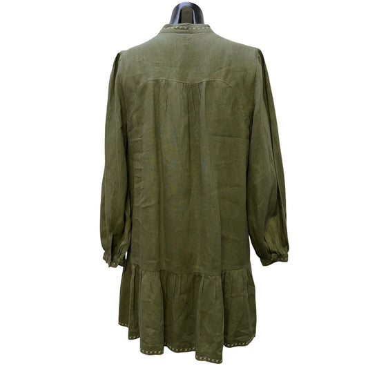 Magaschoni Green Linen Embroidered Long-Sleeve Tiered Dress M