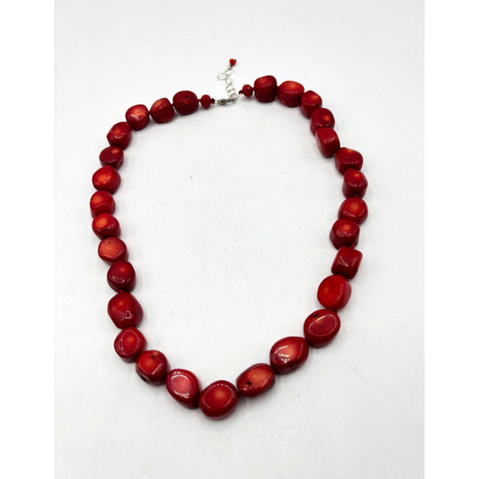 Red Coral Beaded Necklace With Silver Clasp & Extender