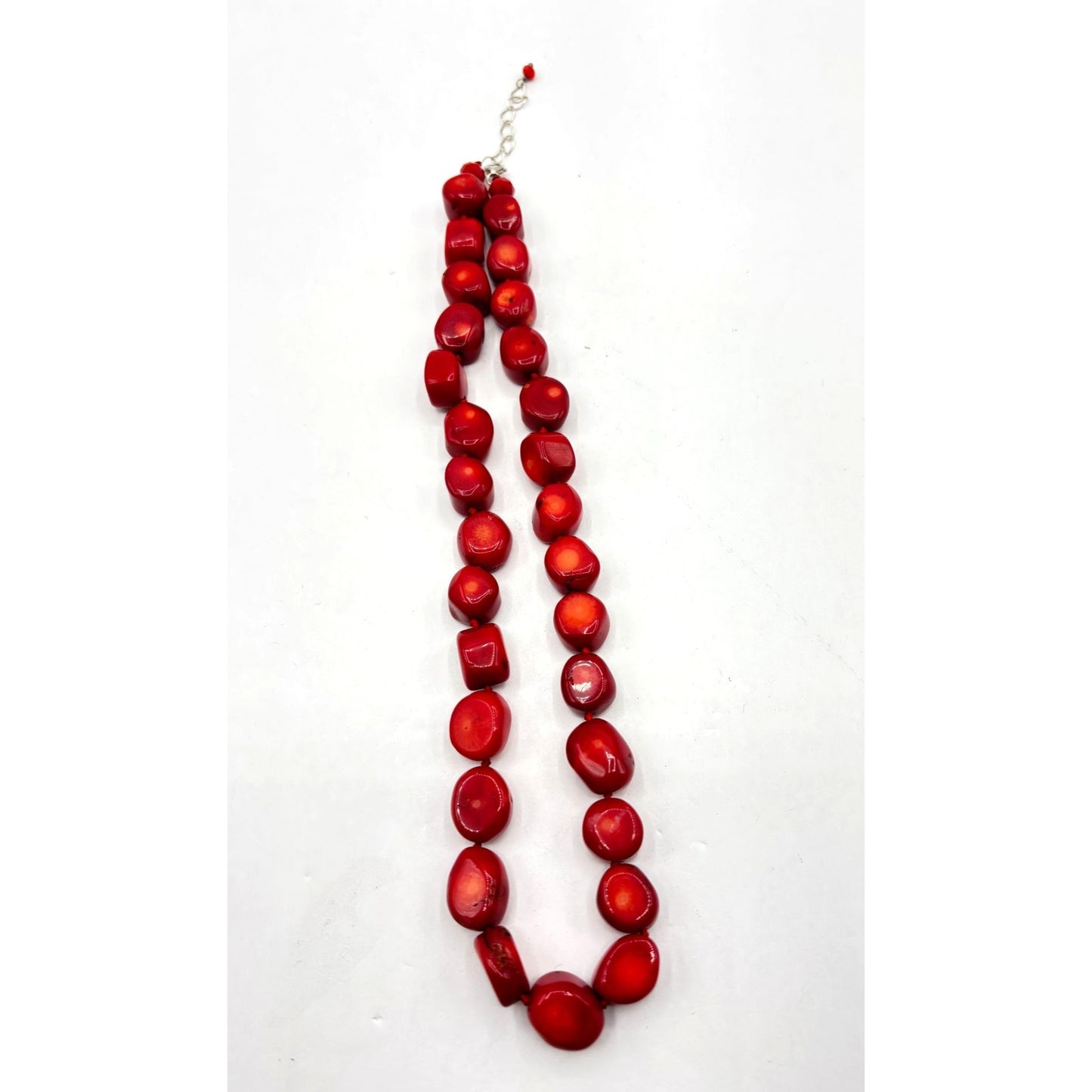 Red Coral Beaded Necklace With Silver Clasp & Extender