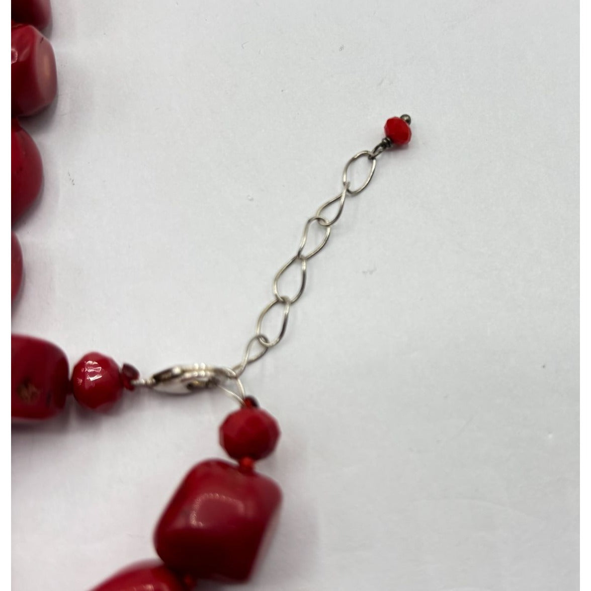 Red Coral Beaded Necklace With Silver Clasp & Extender