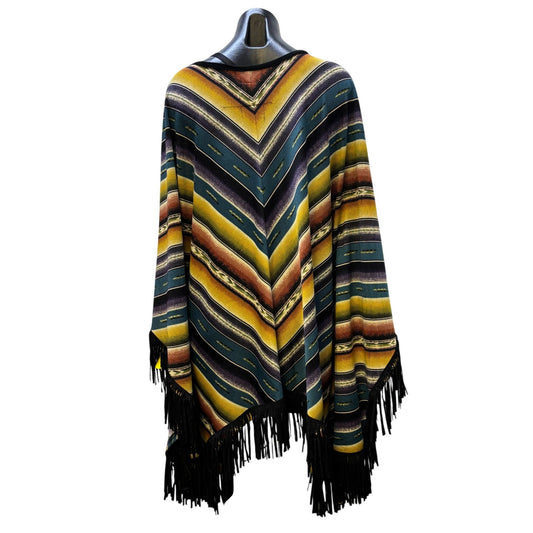 Double D Ranch Striped Poncho With Fringe Teal Yellow Purple XL