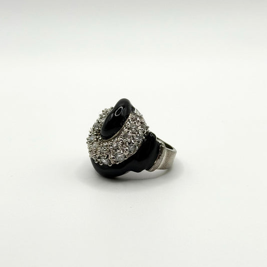 Vintage Silver & Black Enamel Cocktail Ring With Clear Crystal Accents Size 6.5