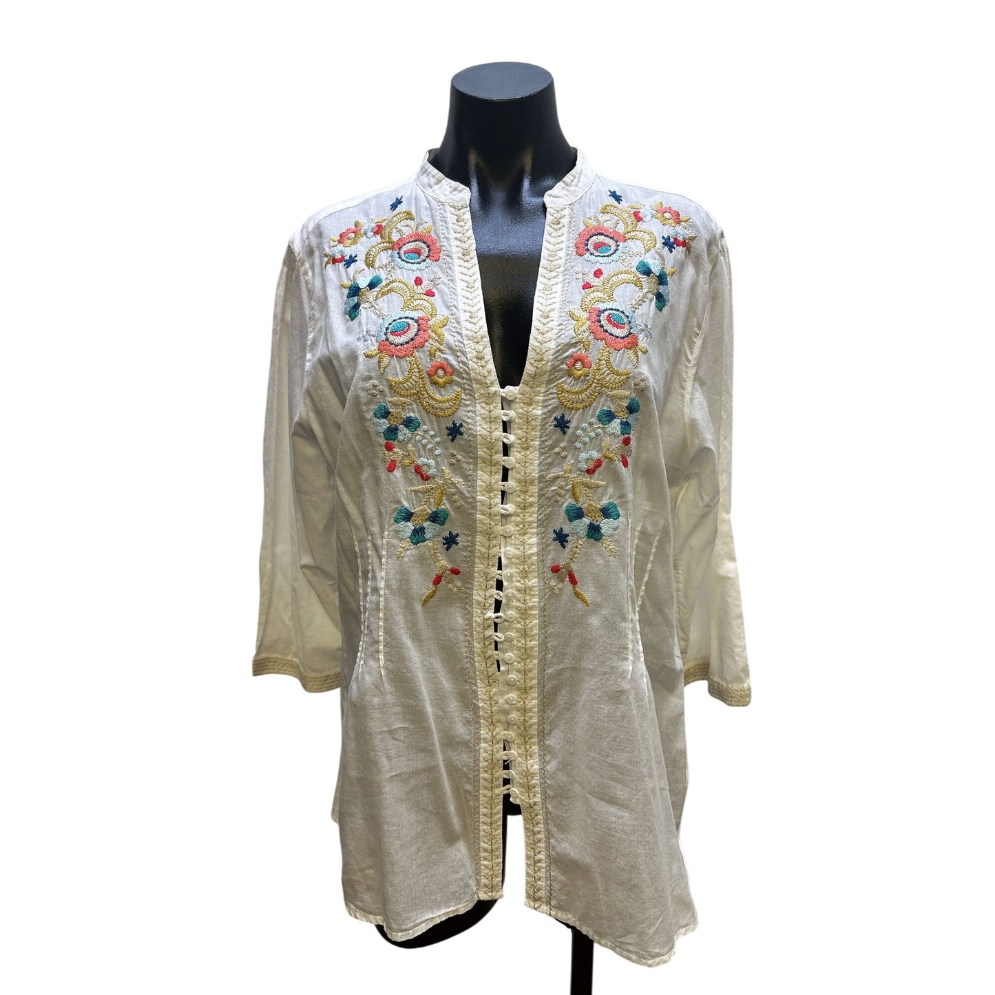 Johnny Was White Floral Embroidered Button Down Blouse Size L