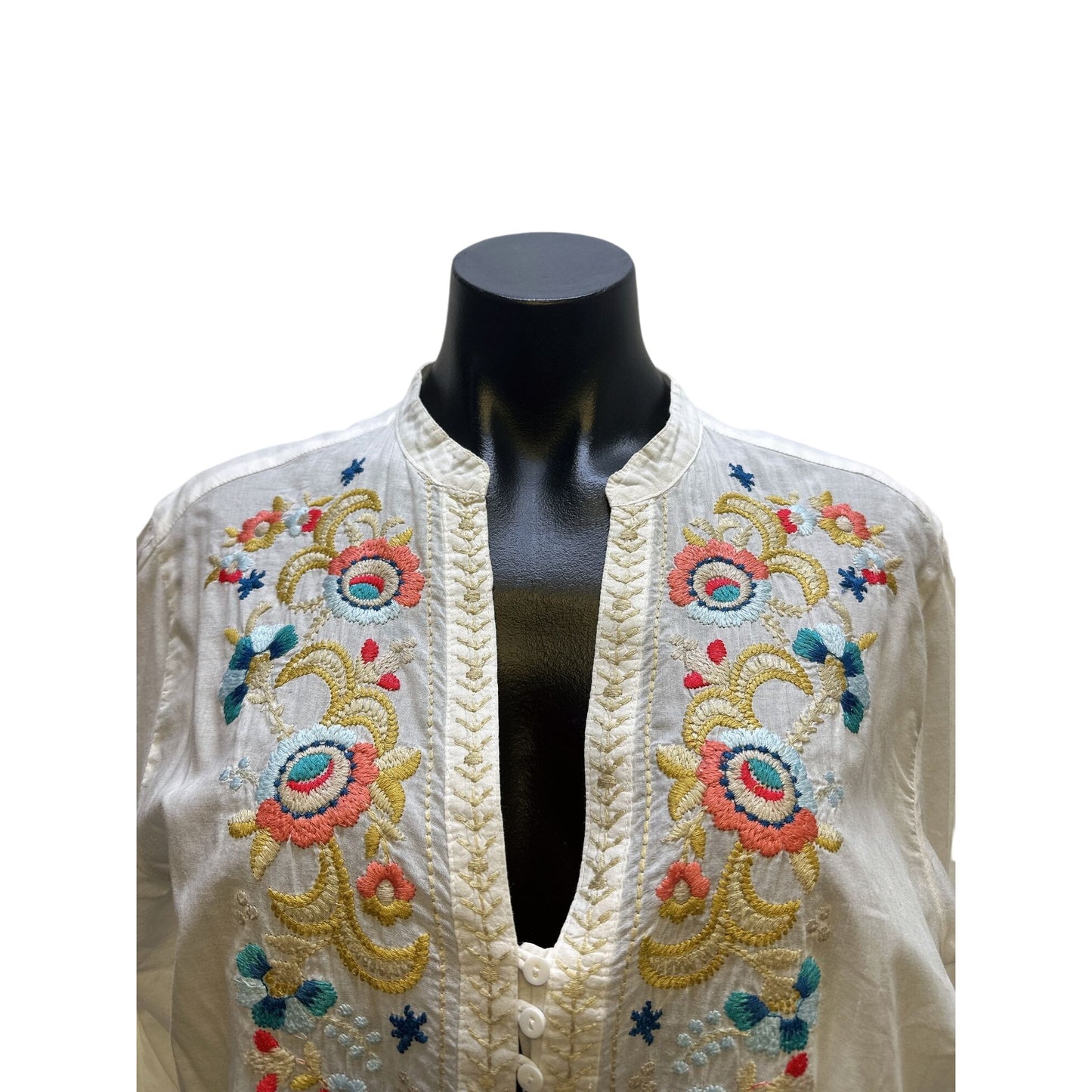 Johnny Was White Floral Embroidered Button Down Blouse Size L