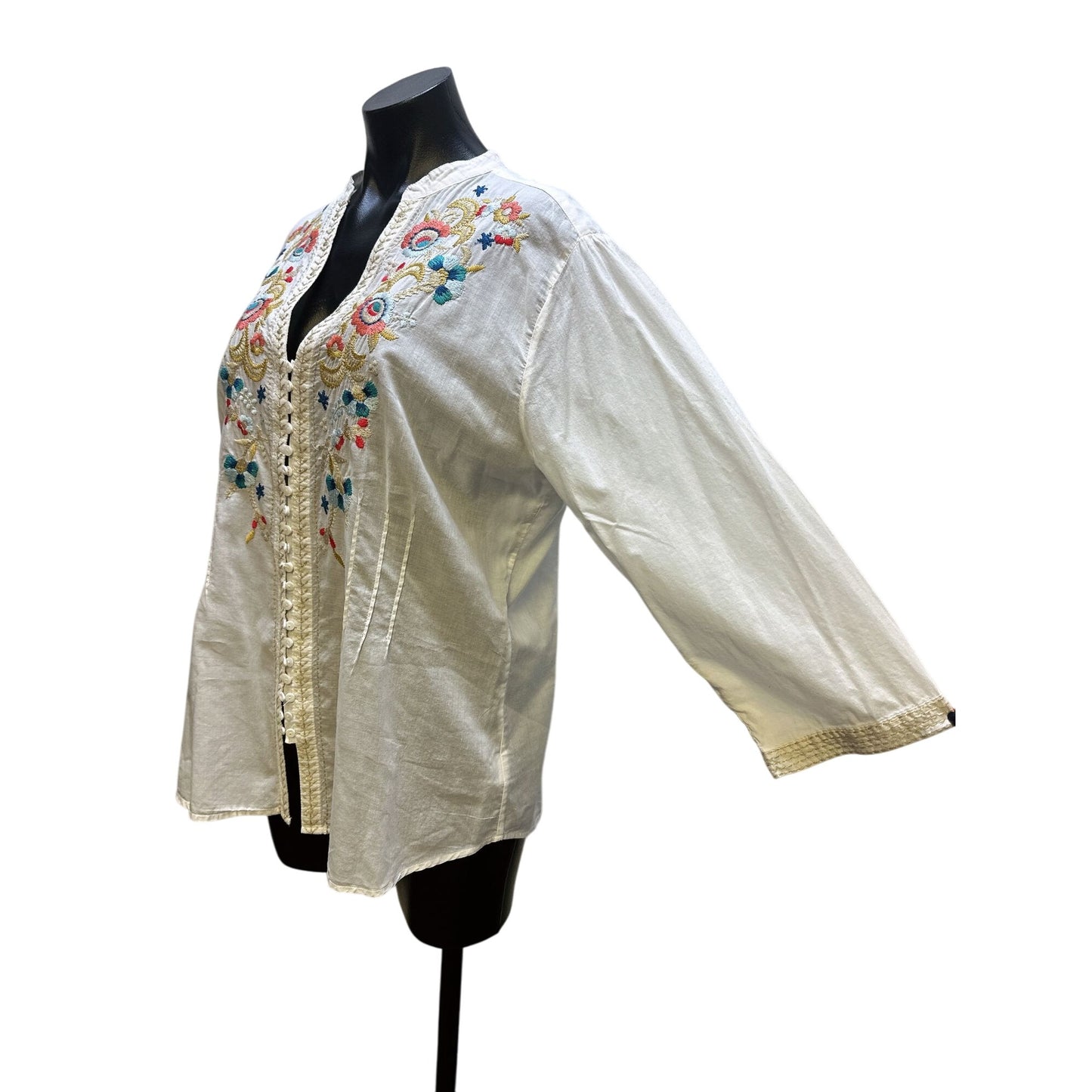 Johnny Was White Floral Embroidered Button Down Blouse Size L