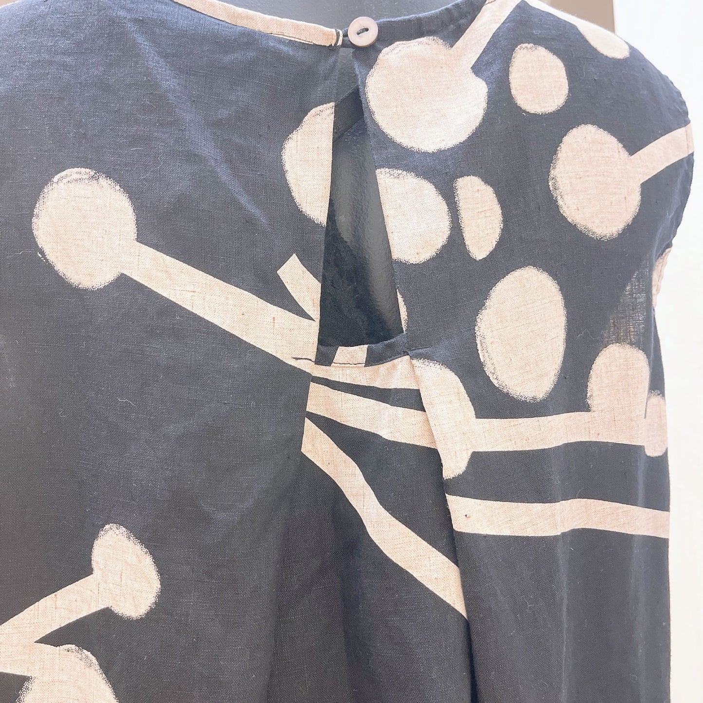 Foil Sleeveless Linen Dress Black & Beige Polka Dot Print 12