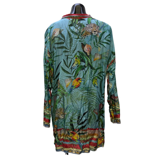 Johnny Was Blue Multi Tropical Print Long Sleeve Button-Up Blouse M