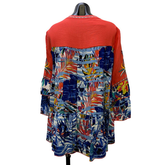 John Mark Embroidered Tunic Blouse Coral Multi Print M