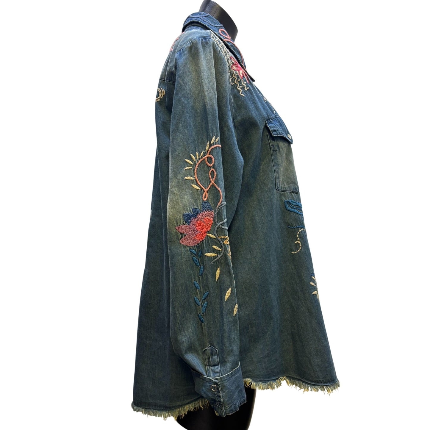 Johnny Was Embroidered Denim Blouse Blue XL