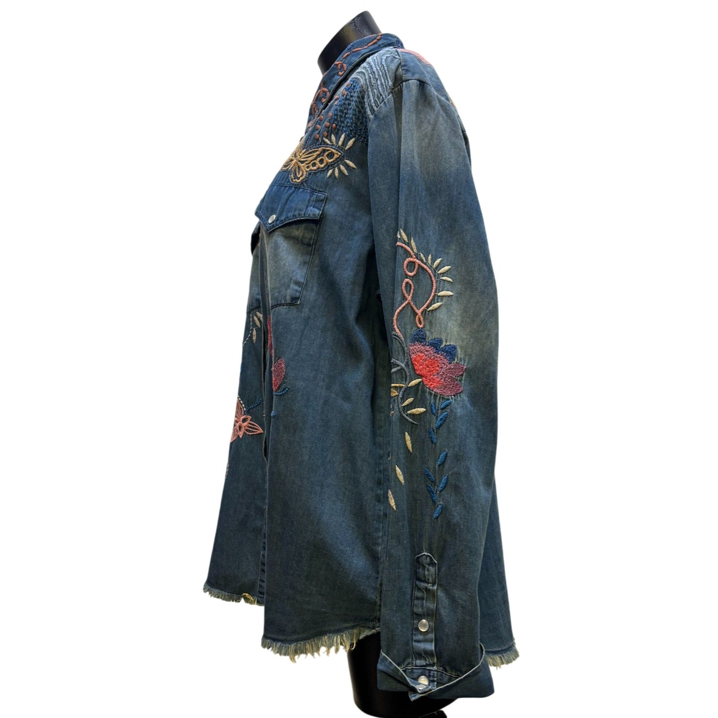 Johnny Was Embroidered Denim Blouse Blue XL