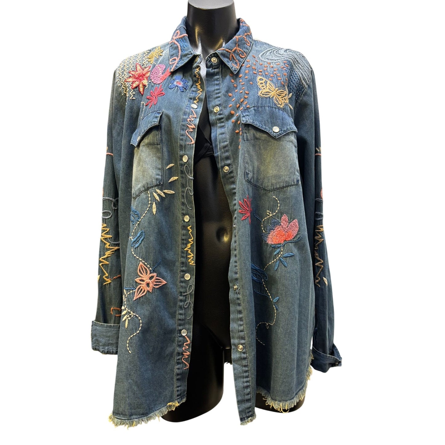 Johnny Was Embroidered Denim Blouse Blue XL