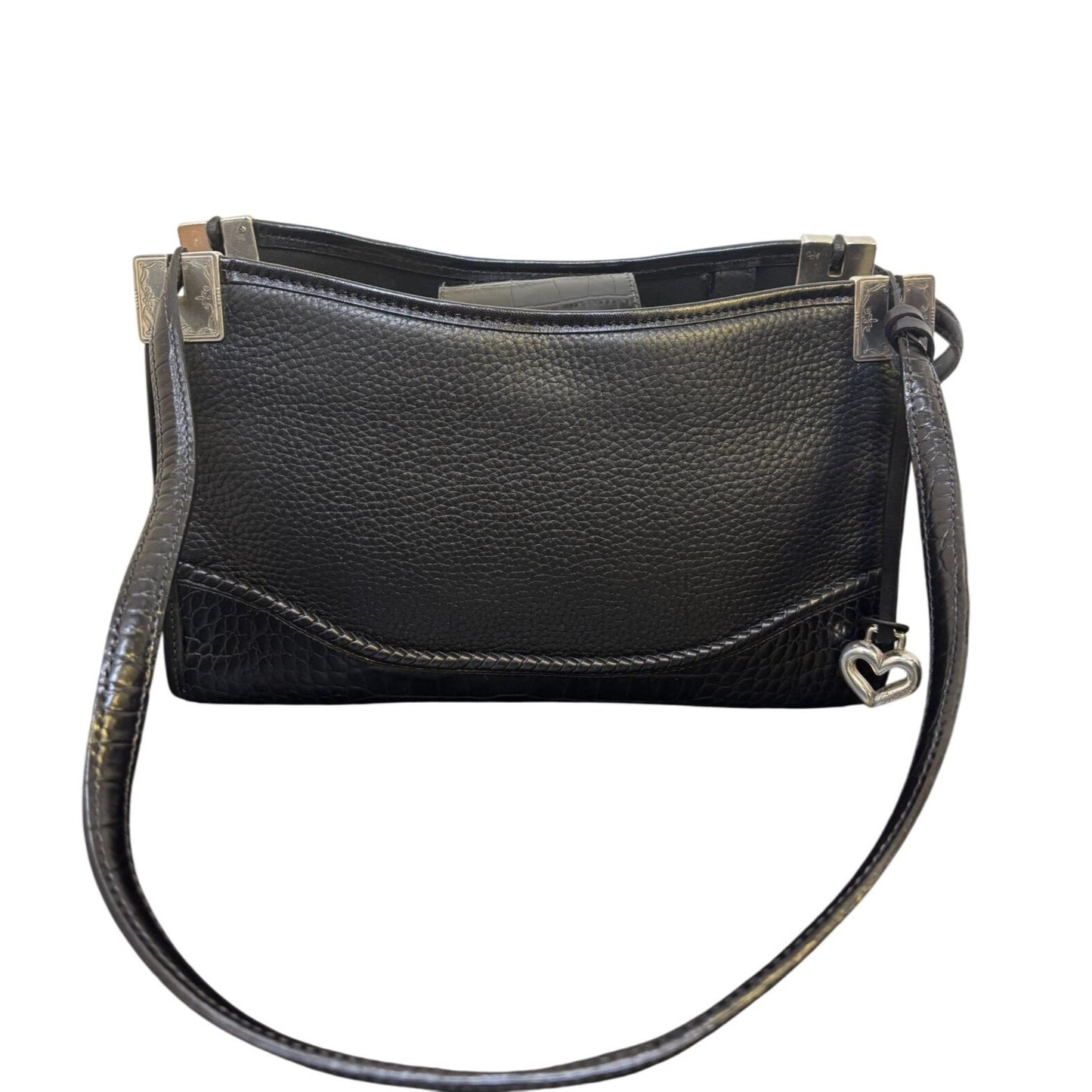 Brighton Black Leather Shoulder Bag With Silver Heart Charm & Elegant Detailing