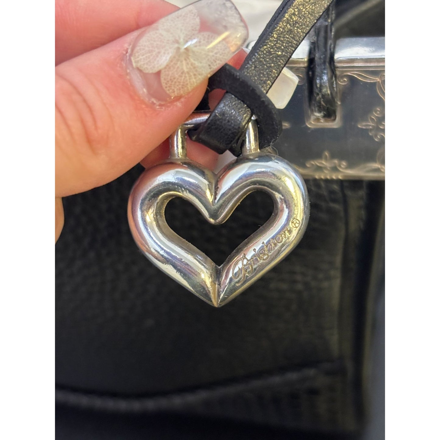 Brighton Black Leather Shoulder Bag With Silver Heart Charm & Elegant Detailing