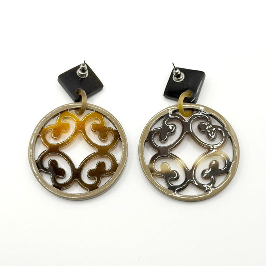 Round Resin Drop Earrings With Black & Brown Geometric Post