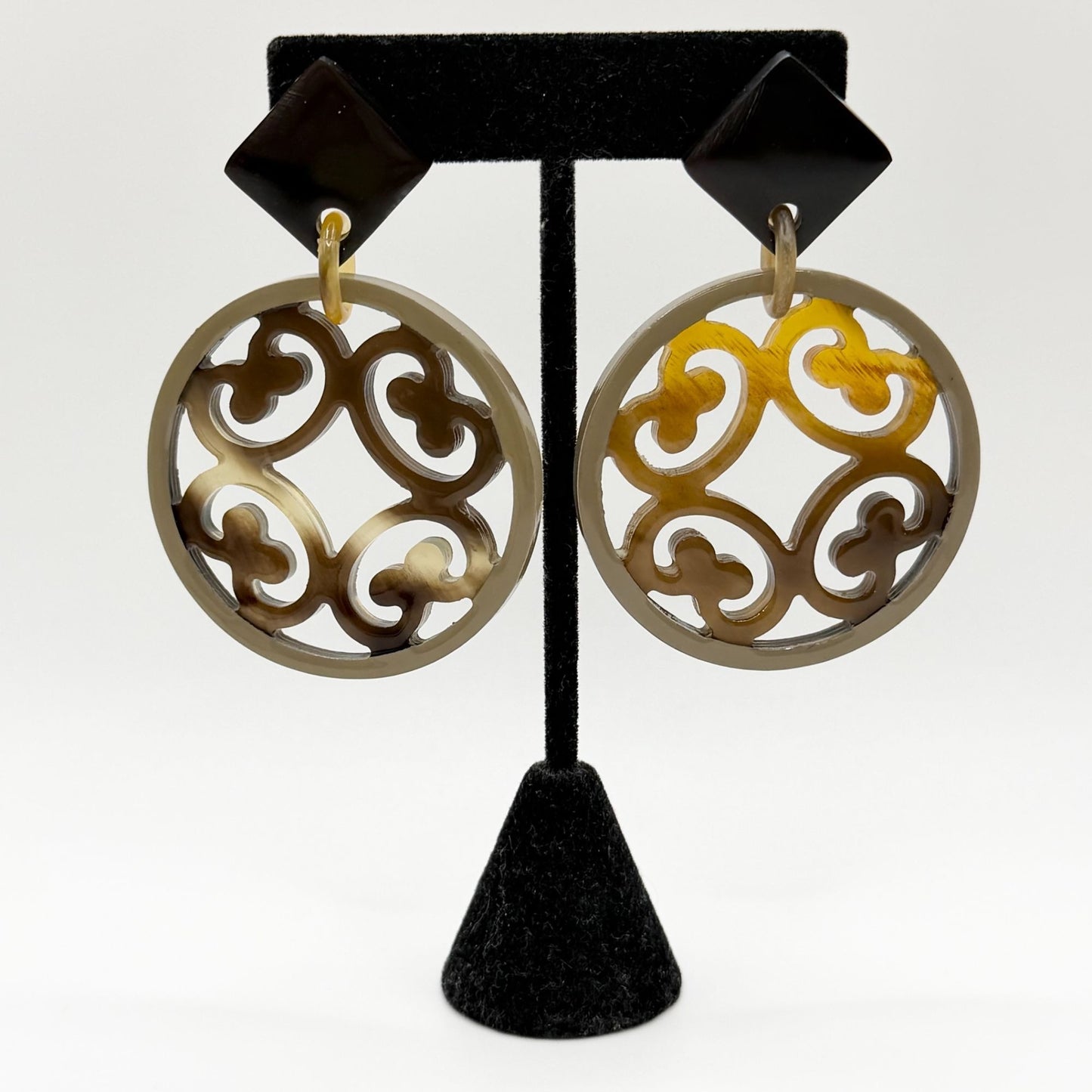 Round Resin Drop Earrings With Black & Brown Geometric Post