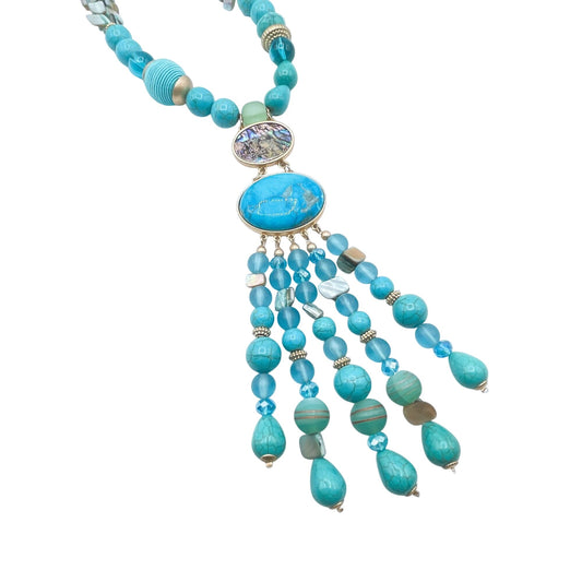Chico's Turquoise & Abalone Statement Necklace With Gold Accents & Beaded Tassel Design