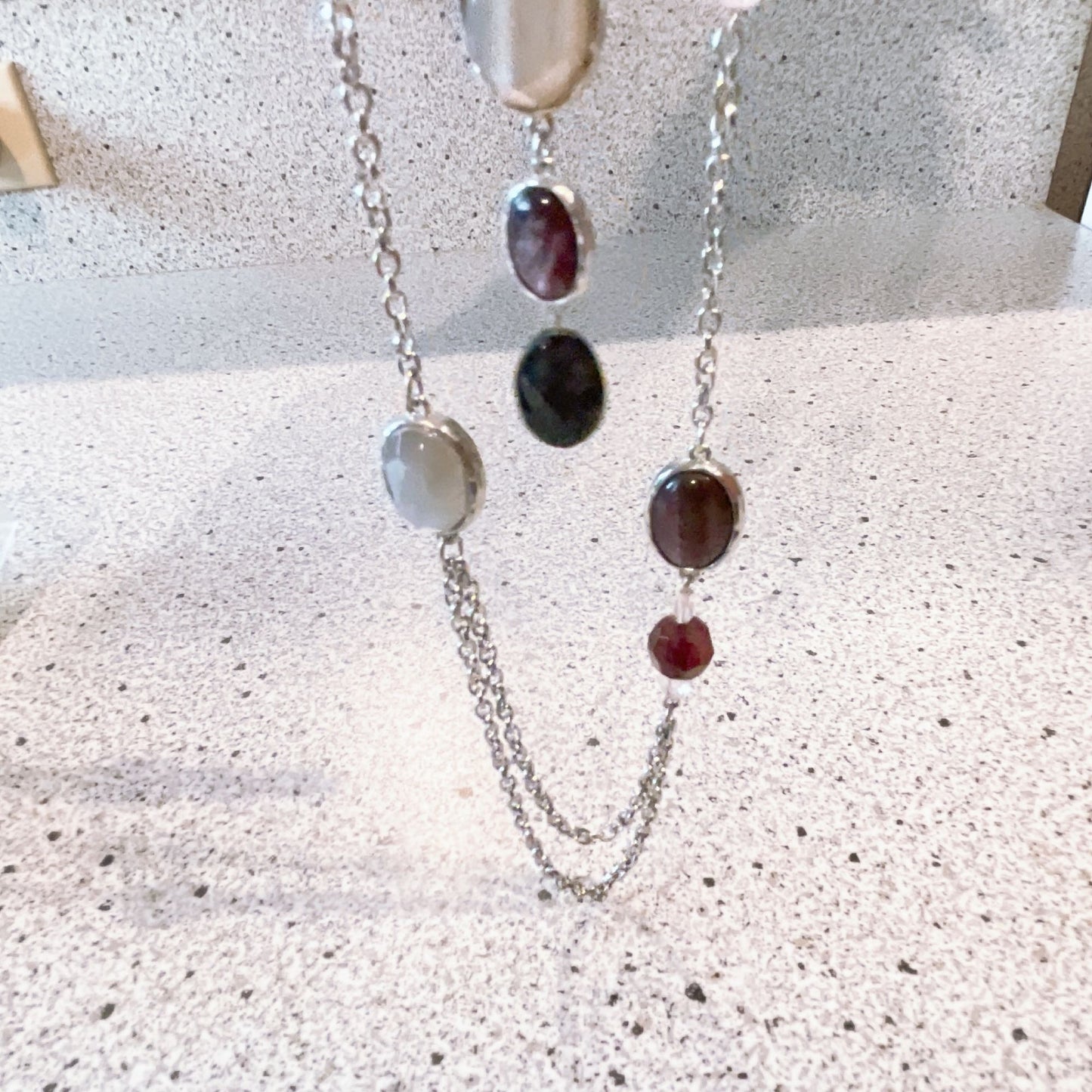 Chico's Multi Strand Beaded Long Necklace Silver Brown