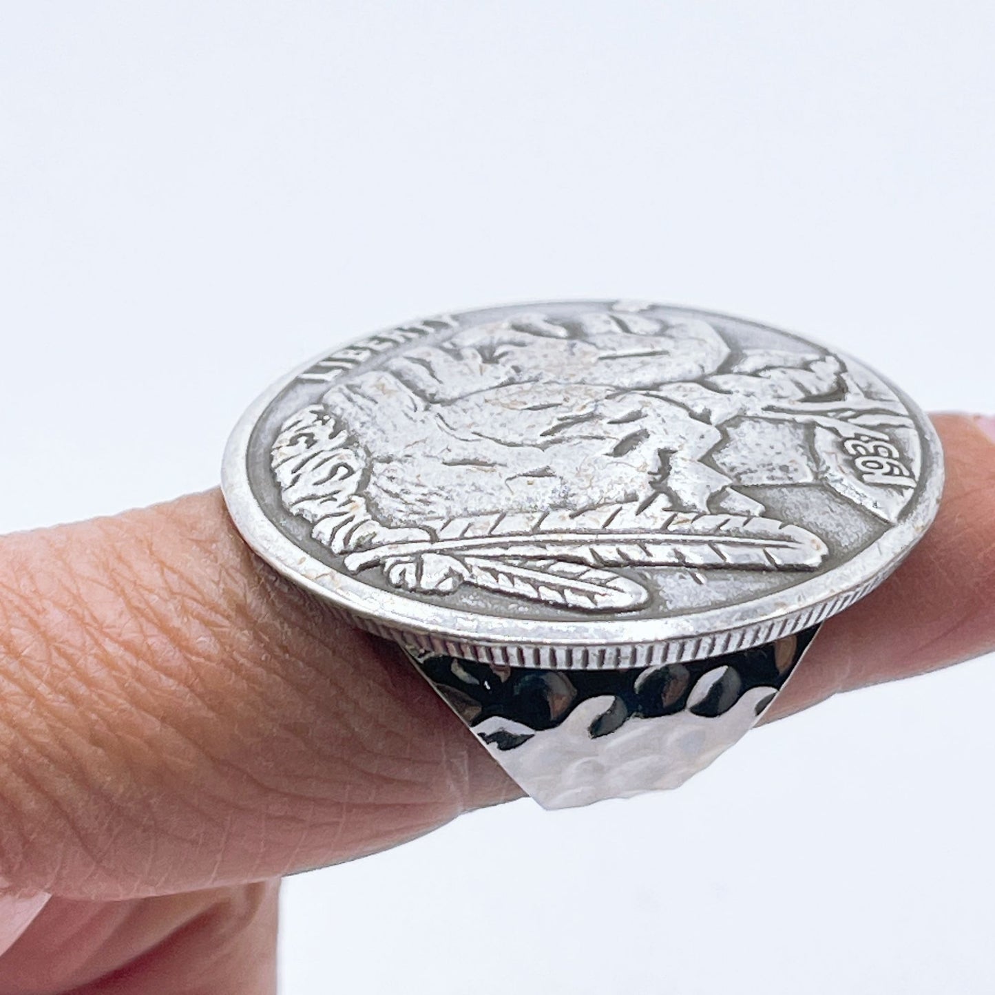 1937 Buffalo Nickel Coin Ring With Hammered Sterling Silver Band Adjustable