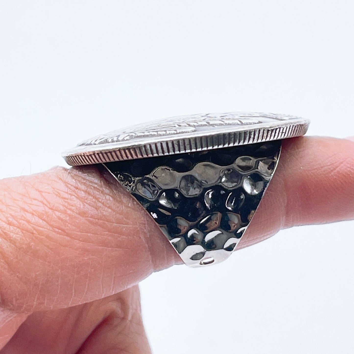 1937 Buffalo Nickel Coin Ring With Hammered Sterling Silver Band Adjustable