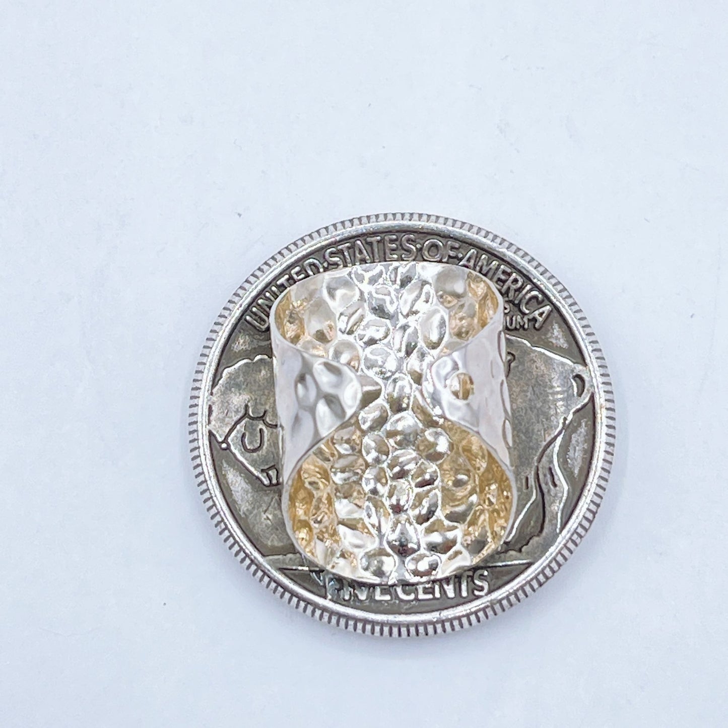 1937 Buffalo Nickel Coin Ring With Hammered Sterling Silver Band Adjustable