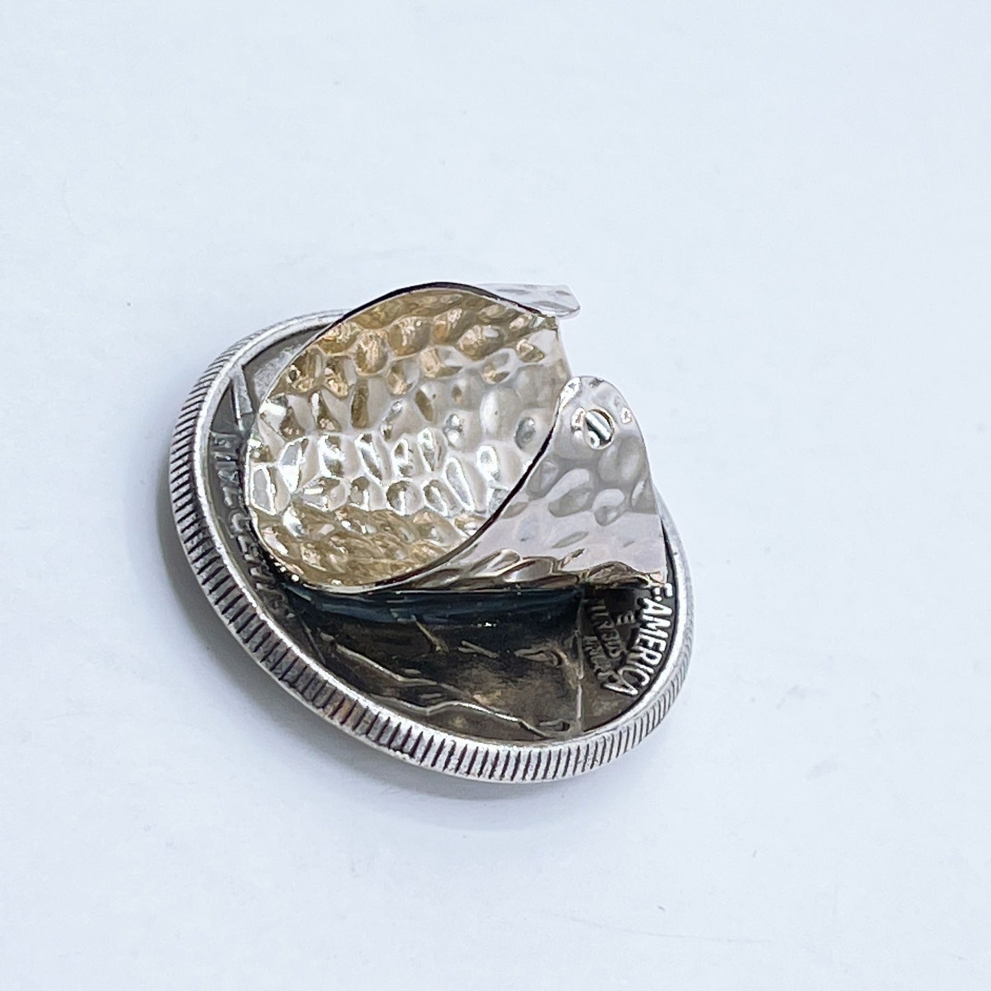 1937 Buffalo Nickel Coin Ring With Hammered Sterling Silver Band Adjustable